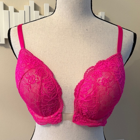 Victoria's Secret Other - Victoria's Secret Hot Pink Lace Push-Up Plunge Bra 34DD with Sheer Tab
